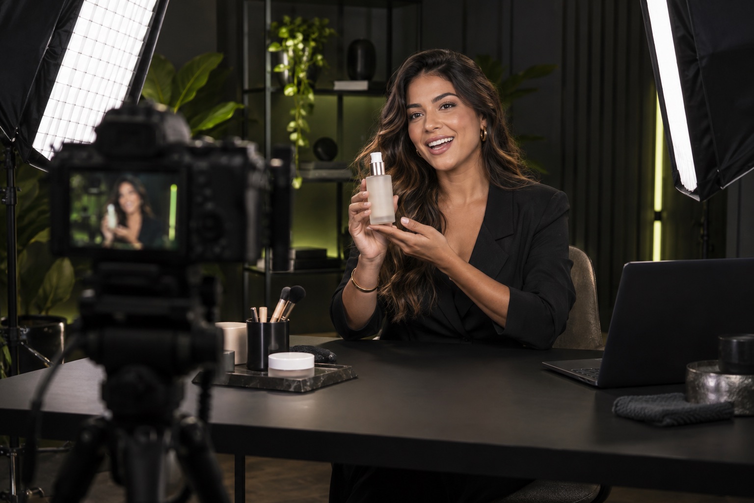 Conceito de produção de live com apresentadora demonstrando um produto, câmera e iluminação de estúdio